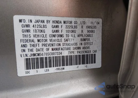 2005 Honda Accord 2.4 Ex from USA, damaged, VIN JHMCM56785C007334